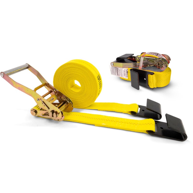US Cargo Control Flat Hook Ratchet Strap 2 Inch X 18 Foot (2-Pack), 10,000 LBS Break Strength, Yellow Heavy Duty Ratchet Straps with Black Flat Hooks, Tie Downs for Flatbed Trailers - Image 1